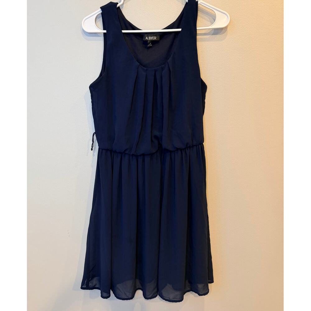 A. Byer Navy Blue Chiffon Sleeveless Dress Size M Medium Elastic Waist Flowy